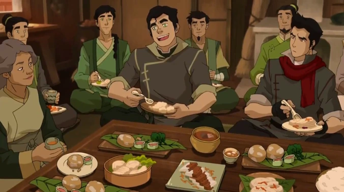 Mako and Bolin eat with their family in Ba Sing Se