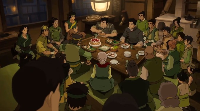 A wider shot of Mako and Bolin's family dinner
